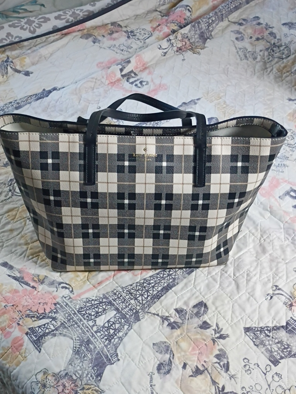 Kate Spade Plaid Black and White Tote Bag - Classic Women's Shoulder Bag